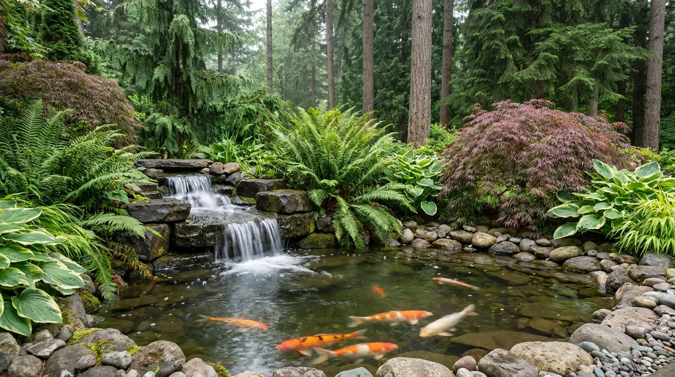 Backyard koi pond and rock waterfall maintained by ASA Pools and Hot Tubs in Seattle